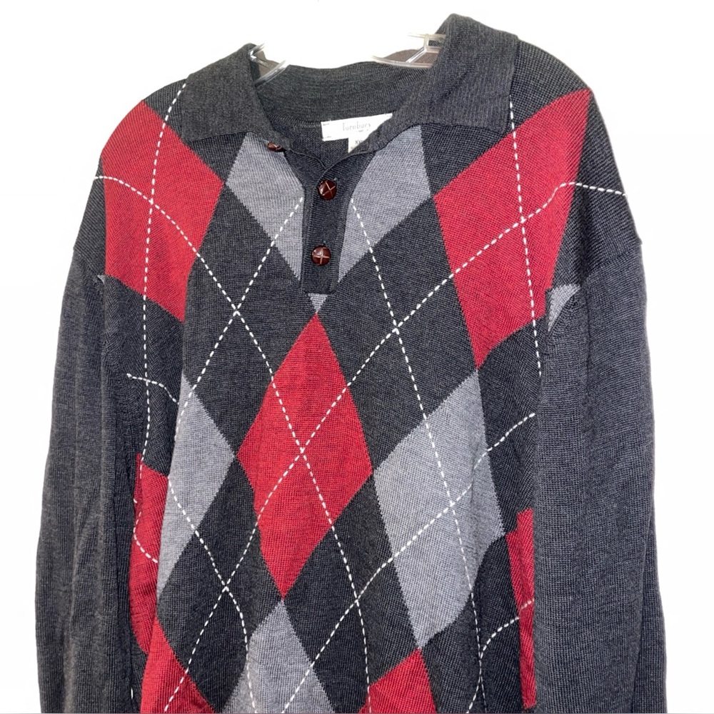 Turnbury XL Argyle Knit Polo Sweater Red Gray Black Merino Wool - Picture 3 of 6